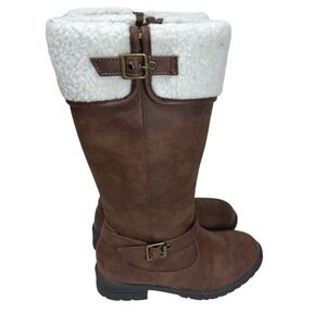 b.o.c. Irene Tall Boots Kids Size 1 Brown Faux Sherpa Buckle Strap Zipper 972174